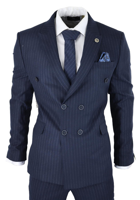 Mens Double Breasted Navy Blue Suit 2 Piece 1920s Pinstripe Peaky Blinders