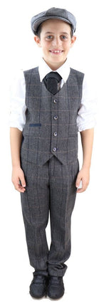 Boys 3 Piece Charcoal Grey Herringbone Tweed Check Classic  Suit
