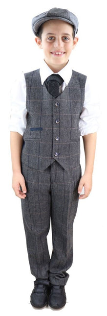 Boys 3 Piece Charcoal Grey Herringbone Tweed Check Classic  Suit