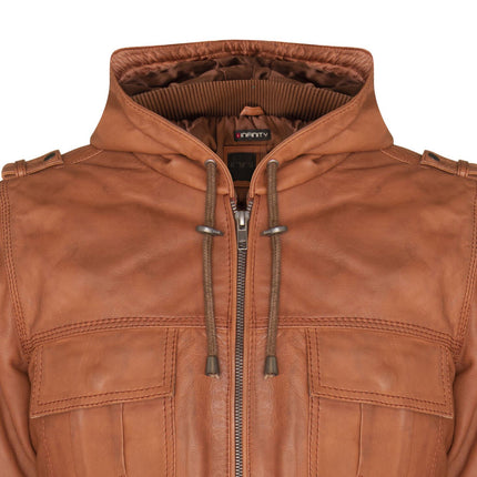 Mens Tan Leather Hooded Bomber Jacket - Tirana