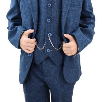 Boys 3 Piece Blue  Herringbone Tweed Check Classic  Suit