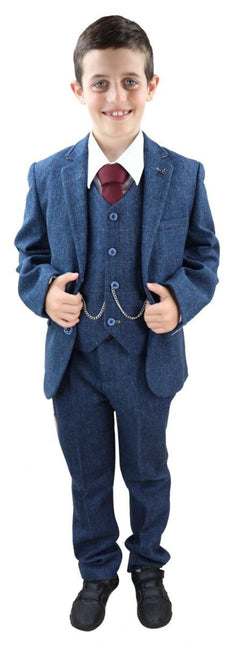 Boys 3 Piece Blue  Herringbone Tweed Check Classic  Suit