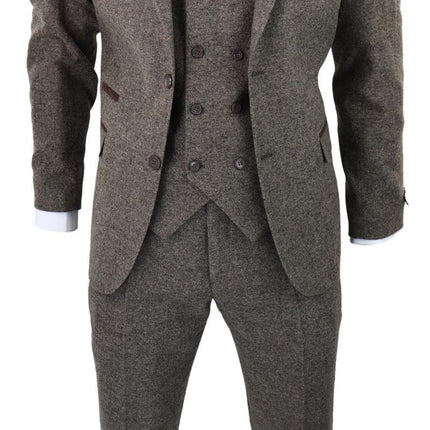 Mens Oak Brown Wool 3 Piece Suit Double Breasted Waistcoat Tweed Peaky Blinders 1920s