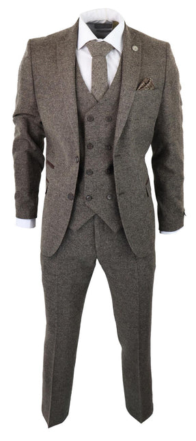Mens Oak Brown Wool 3 Piece Suit Double Breasted Waistcoat Tweed Peaky Blinders 1920s