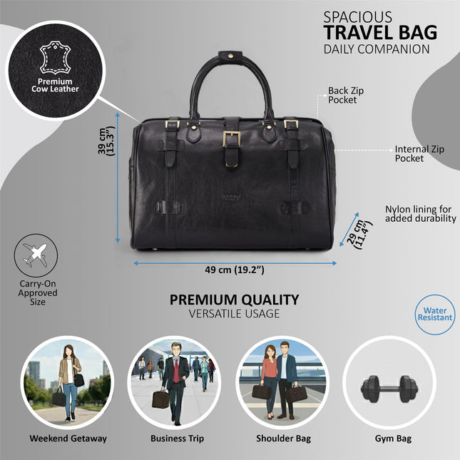 Genuine Leather Black Duffle Holdall Vintage Travel Gym Bag - Windsor