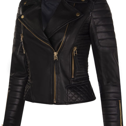 Womens Leather Quilted Vintage Brando Biker Jacket-Lusaka