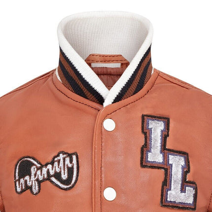 Kids Tan Letterman Leather Varsity College Bomber Jacket