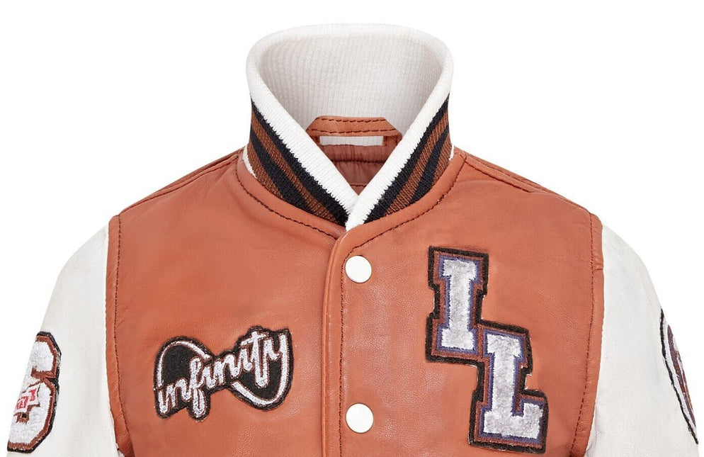 Kids Tan Letterman Leather Varsity College Bomber Jacket