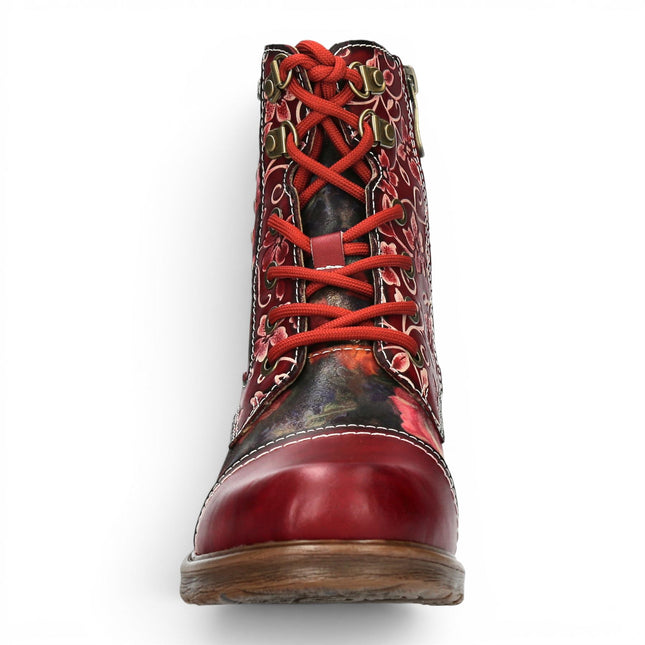 Laura Vita Women's Red Floral Victorian Leather Lace-up Ankle Boots - Anitao - 11