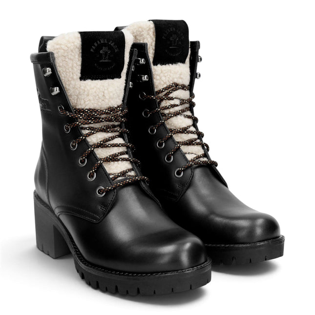 Panama Jack Women's Black Leather Waterproof Warm Heeled Lace-Up Boots - Tibi B1