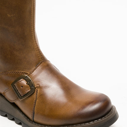 Fly London Womens Camel Mes 2 Wedge Heel Buckle Mid-Calf Leather Zip Platform Boots