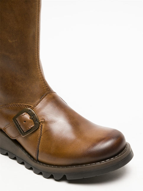 Fly London Womens Camel Mes 2 Wedge Heel Buckle Mid-Calf Leather Zip Platform Boots