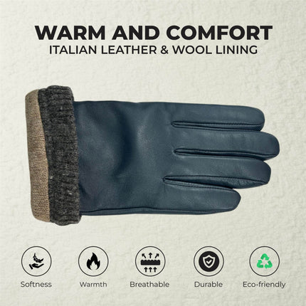 Men’s Navy Blue Italian Leather Warm Wool Lining Winter Knit Rib Gloves - M-LGV-105