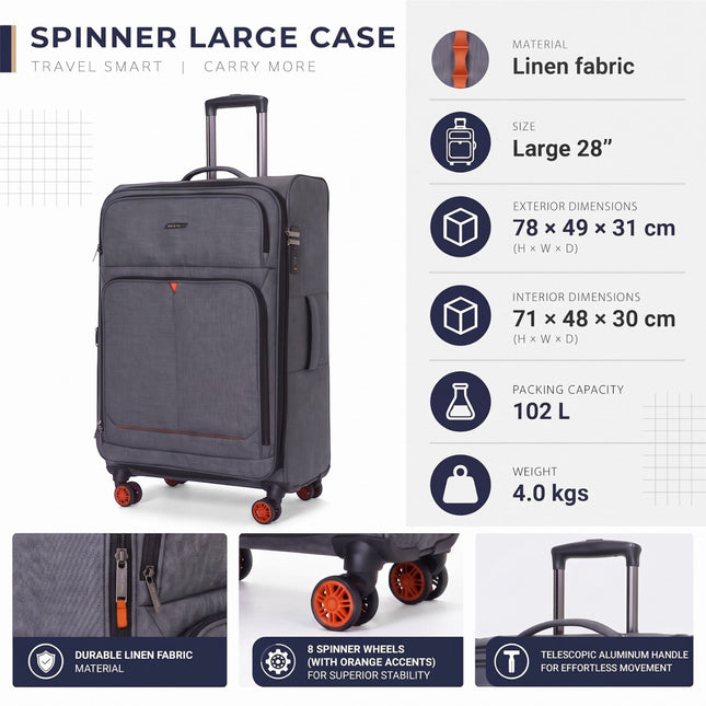 Soft Shell Black Linen Suitcase Set 8 Wheel Lightweight Travel Luggage