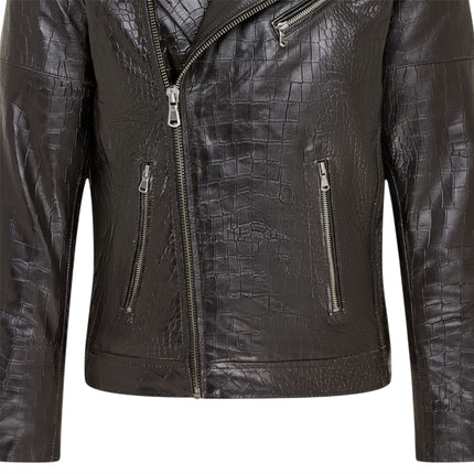 Mens Black Cow Leather Alligator Print Embossed Biker Jacket - Rot