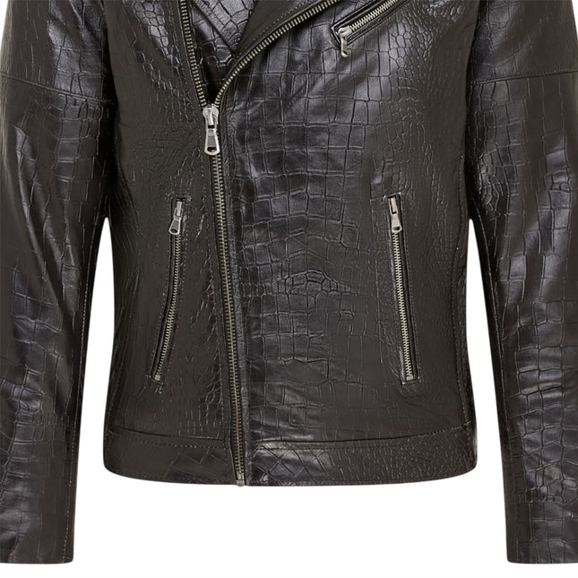 Mens Black Cow Leather Alligator Print Embossed Biker Jacket - Rot