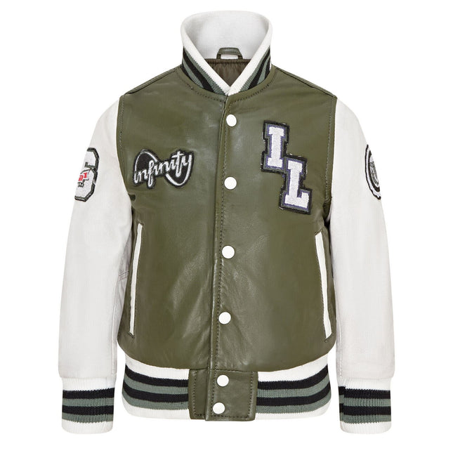 Kids Green Letterman Leather Varsity College Bomber Jacket