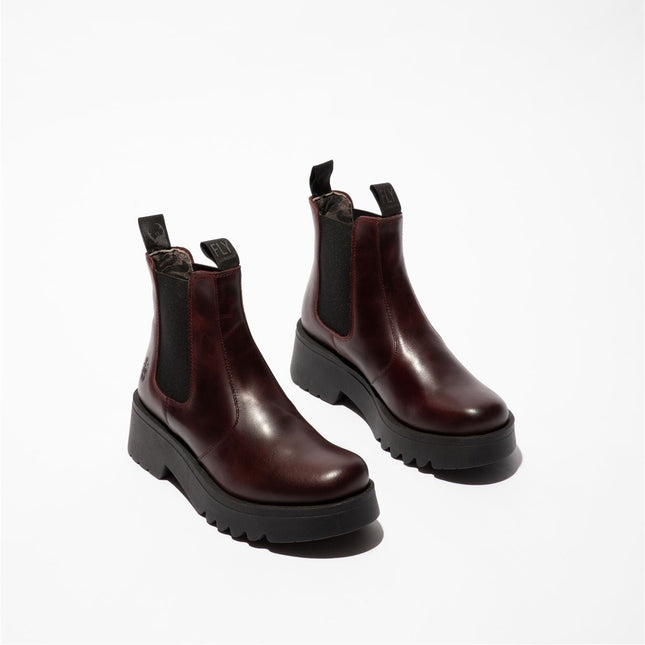 Fly London Womens Wine Medi789 Wedged Chelsea Ankle Leather Platform Boots