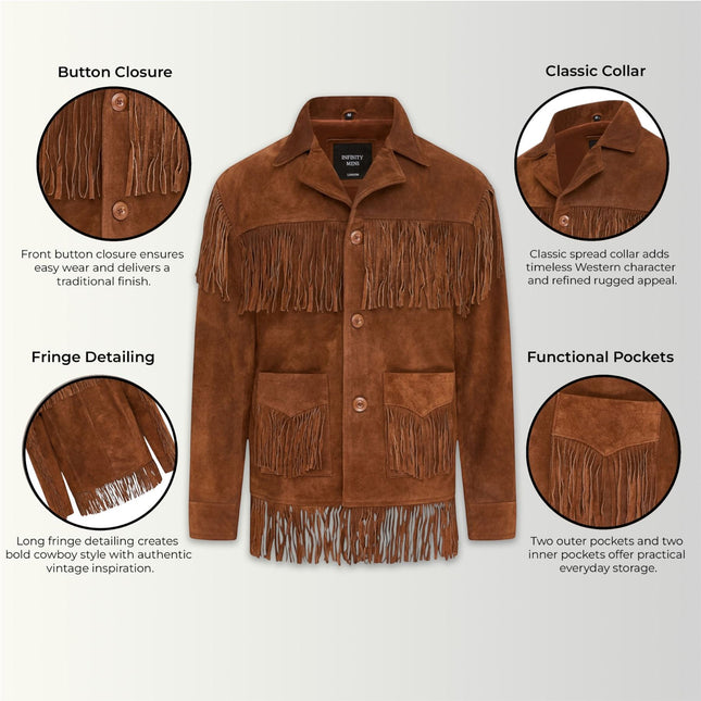 Men's Retro Tan Cowboy Suede Leather Fringe Jacket - Western