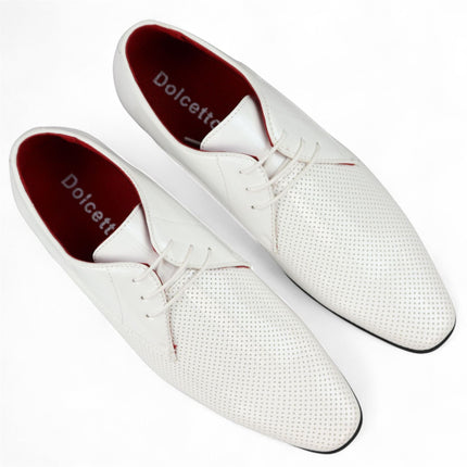 Men’s White Pointed Toe Formal Lace Up Perforated Shoes