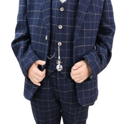 Boys 3 Piece Navy Blue Tweed Check Classic  Suit