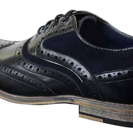 Mens Classic Navy Suede Oxford Brogue Shoes In Black Leather