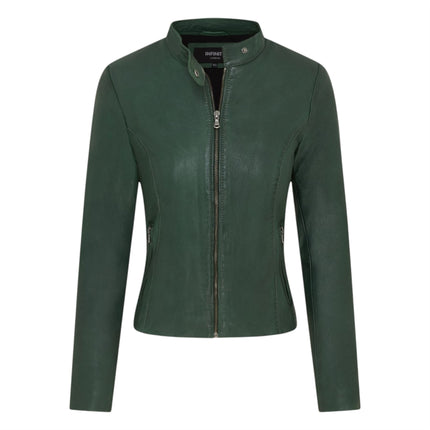 Womens Green Leather Stand Collar Racer Biker Jacket - 181