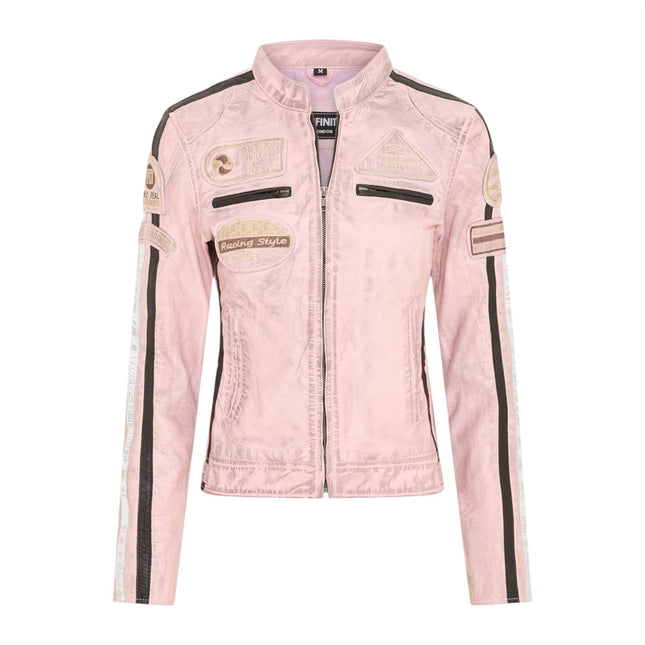 Womens Biker Racing Badges Pink Leather Jacket-Eastleigh