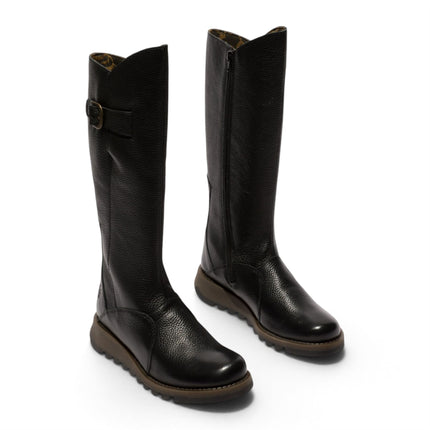 Fly London Womens Black Leather Wedge Heel Knee High Long Boots - MOL2