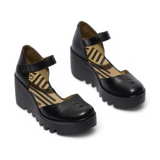 Fly London Women's Black Biso305Fly Mousse Leather Wedge Sandals