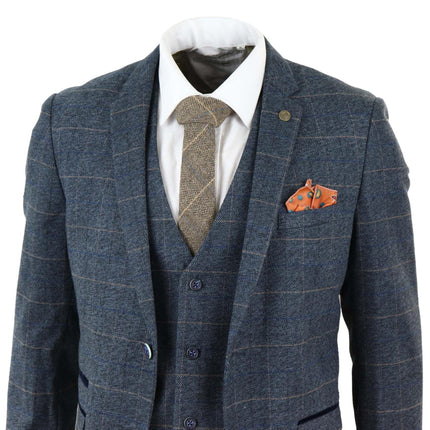 Mens 3 Piece Blue Tweed Check Vintage Suit
