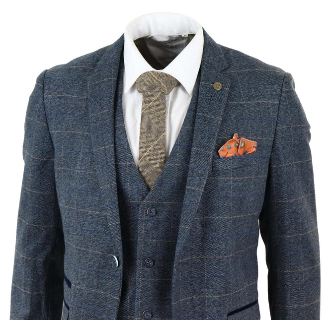Mens 3 Piece Blue Tweed Check Vintage Suit