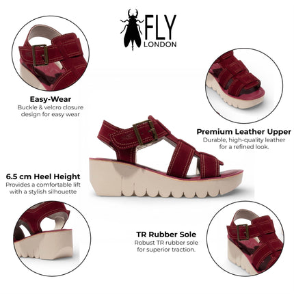 Fly London Women's YUDD236FLY Berry Red Leather Wedge Sandals