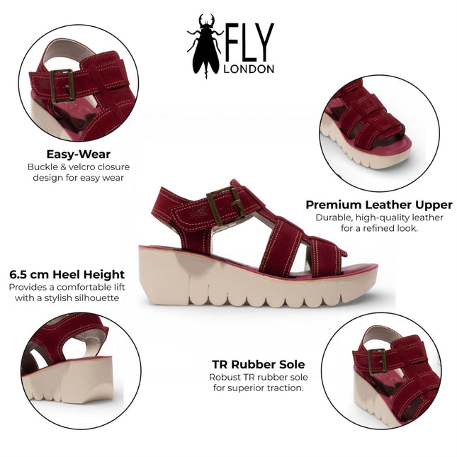 Fly London Women's YUDD236FLY Berry Red Leather Wedge Sandals