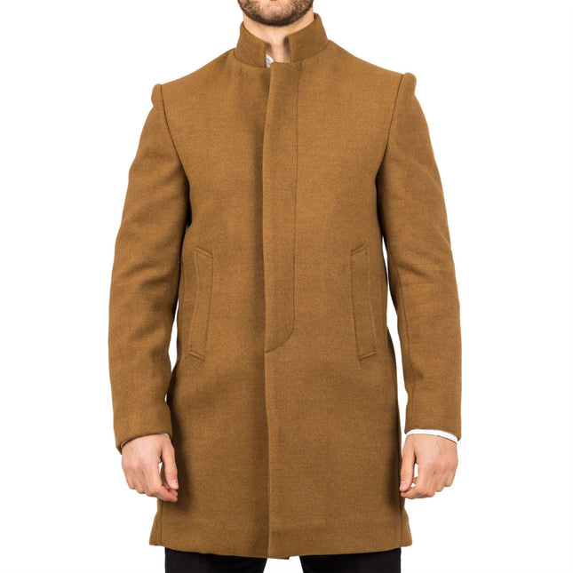 Men's Tan Stand Collar Wool Blend Overcoat