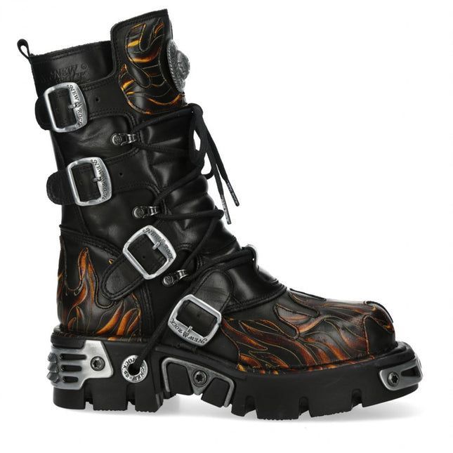 New Rock M-591-C58 Mid-Calf High Black Flame Leather Metallic Gothic Boots