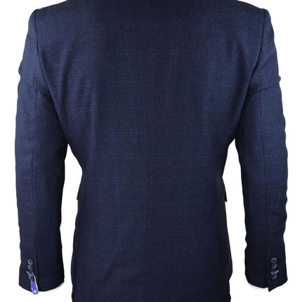 Mens 3 Piece Navy Blue Check Tweed Retro Classic Suit