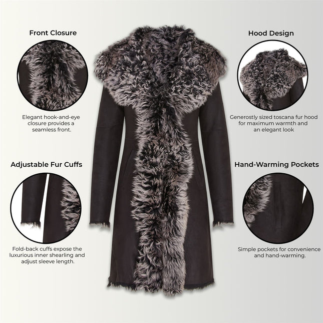 Womens Black Toscana Sheepskin Leather Hooded Trench Coat - Coast