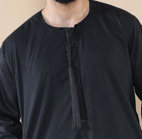 Mens Black Thobe Jubba Saudi Islamic Arab Eid Emirati Kaftan Jubbah Tassel Robe