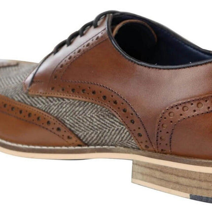 Mens Classic Oxford Tweed Brogue Derby Shoes In Tan Leather