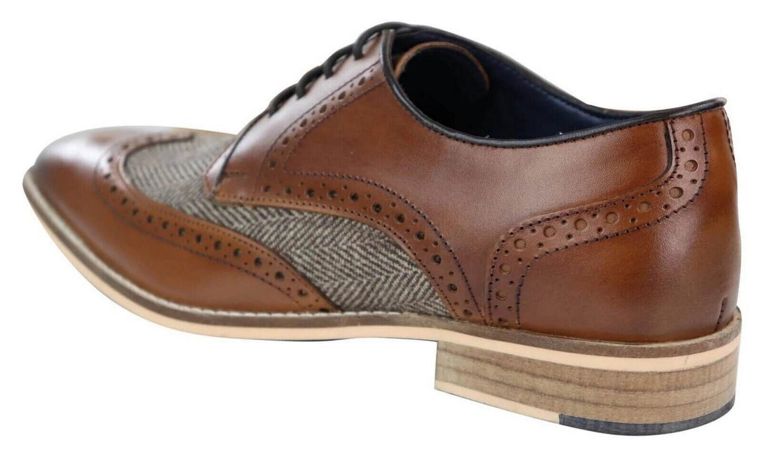 Mens Classic Oxford Tweed Brogue Derby Shoes In Tan Leather
