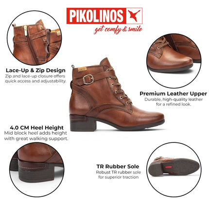 Pikolinos Women's Brown Leather Lace-Up Mid-Heel Ankle Boots - Malaga