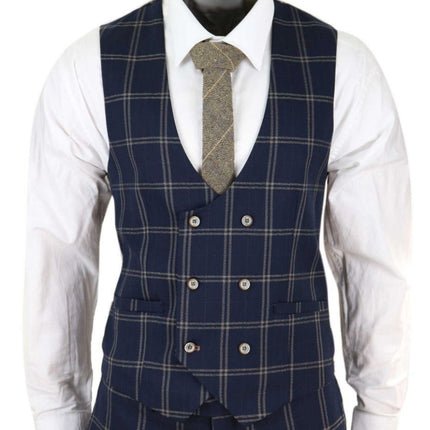 Mens 3 Piece Navy Blue And Tan Check Tweed Retro Classic Suit