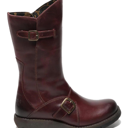 Fly London Womens Wine Mes 2 Wedge Heel Buckle Mid-Calf Leather Zip Platform Boots