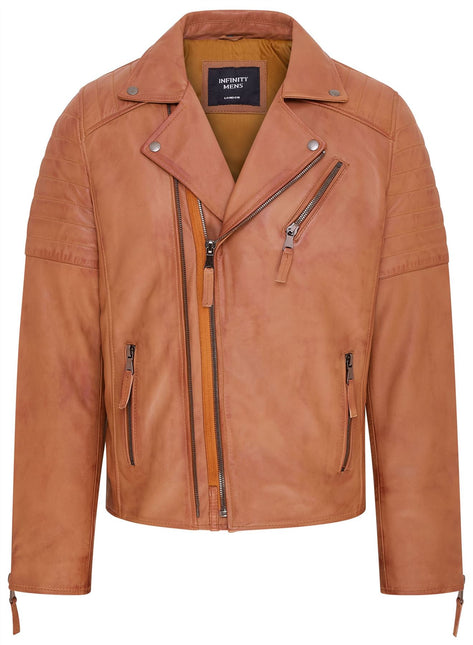 Mens Slim Fit Brando Style Double Cross Zip 100% Leather Biker Jacket