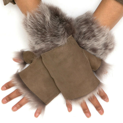 Womens Shearling  Mittens Fingerless Cuffs Toscana Suede Sheepskin Fur