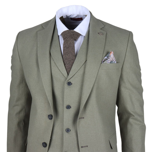 Men's Sage Green Tailor Fit 3 Piece Linen Summer Wedding Suit