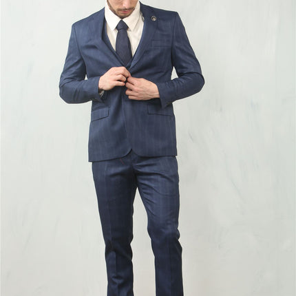 Men's 3 Piece Prince Of Wales Blue Suit Workwear