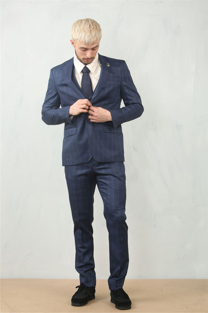Men's 3 Piece Prince Of Wales Blue Suit Workwear