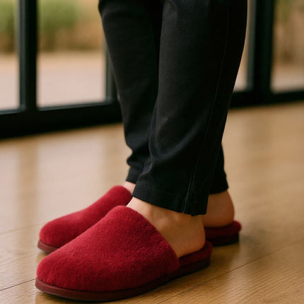 Women's Sheepskin Slippers Burgundy Warm Winter Fur Mule - Aurora